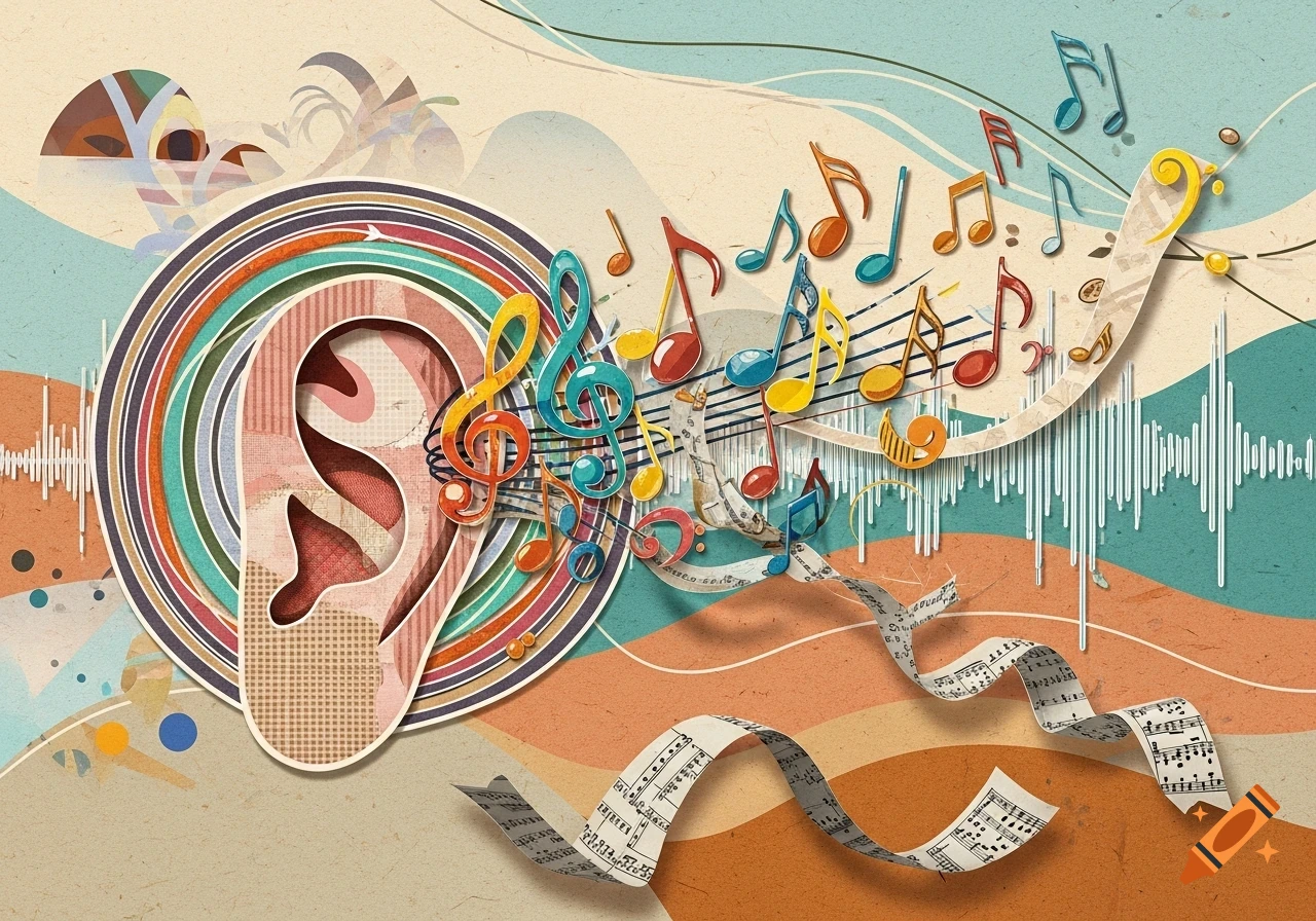 A colorful collage illustration depicting an abstract ear surrounded by floating musical notes and a scrolling sheet music ribbon. Sound waves emanate from the ear in a vibrant, stylized composition.