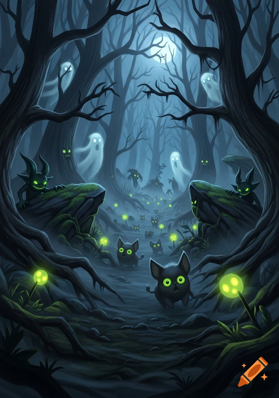 A stylized illustration of a spooky dark forest under a full moon, with glowing-eyed goblins, ghosts, and small black cat-like creatures.