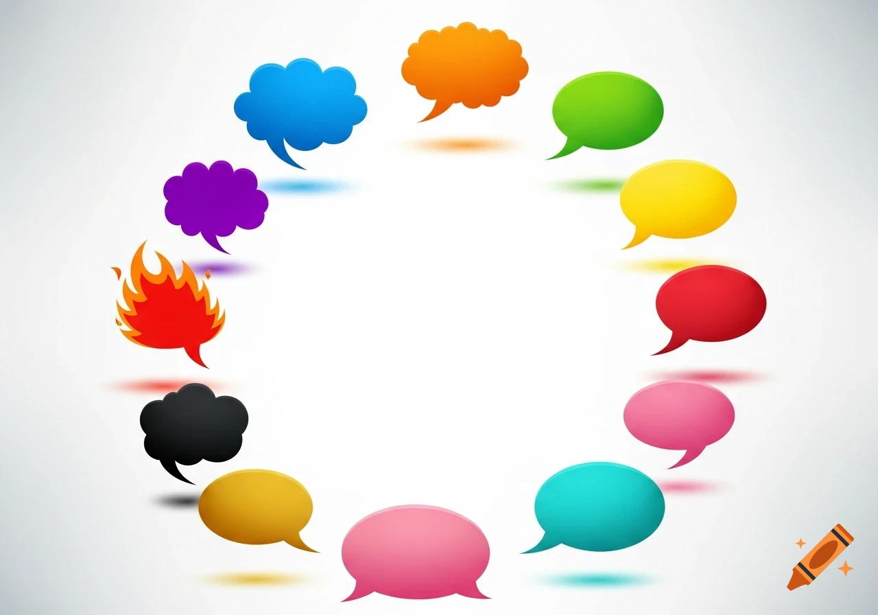 Eleven colorful speech bubbles, including one shaped like fire and another like a dark cloud, arranged in a circle around a blank white space.