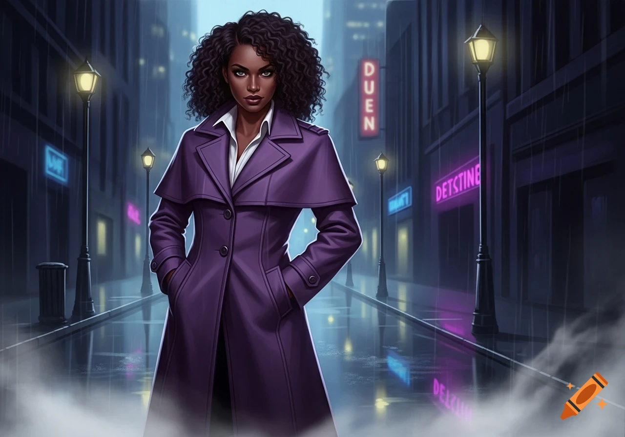 A dark-skinned woman with curly hair in a purple trench coat stands on a rainy city street at night, in an illustrative style.