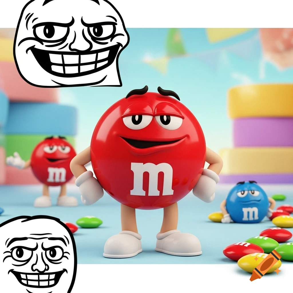 A red M&M character with a troll face meme overlaid on the top left and bottom left, standing among other M&Ms in a colorful, blurred background.