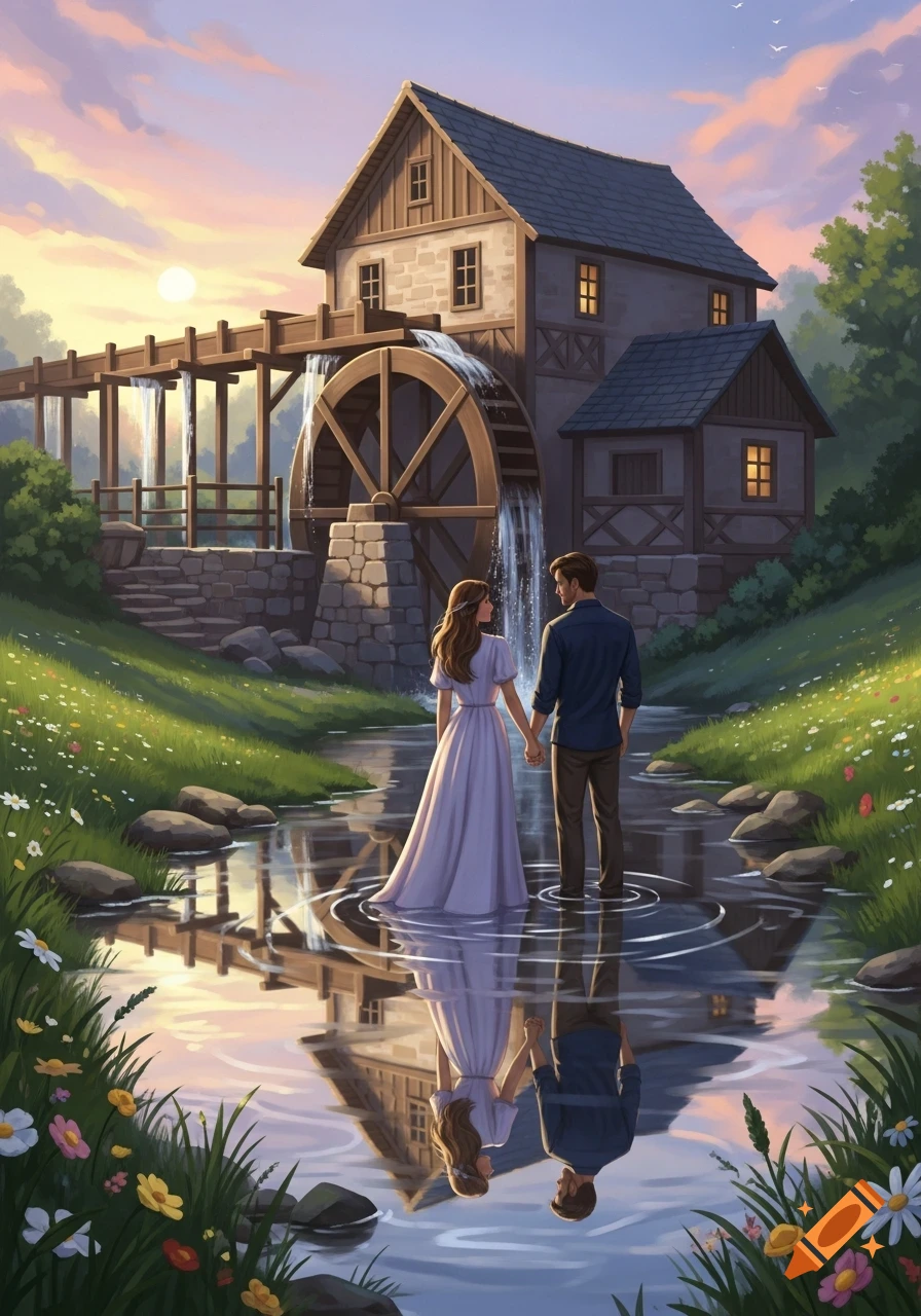 Illustration of a couple holding hands in a stream before a watermill at sunset, surrounded by hills and flowers.