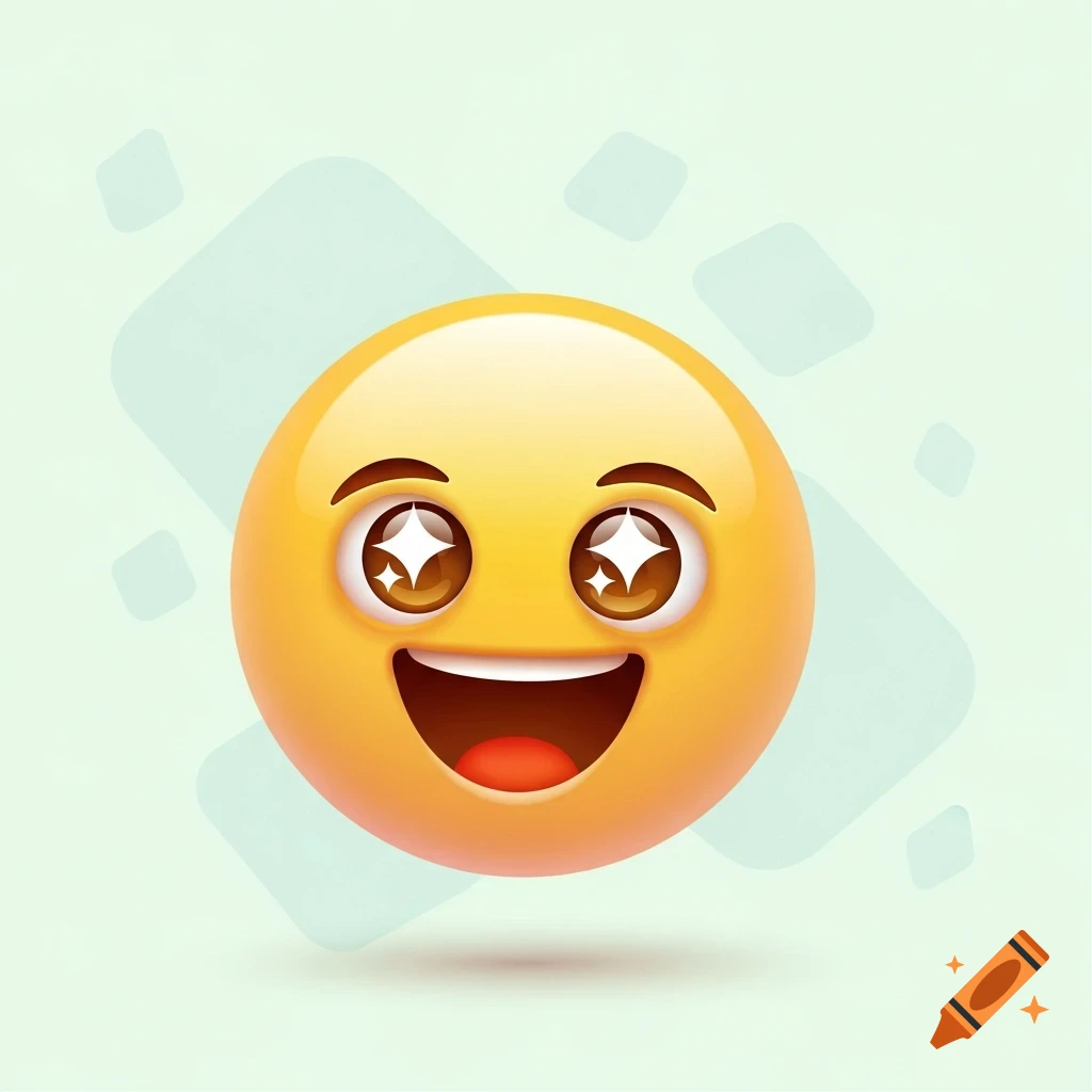 A yellow emoji with sparkling eyes and a wide, open-mouthed smile, floating against a light green background with subtle patterns.