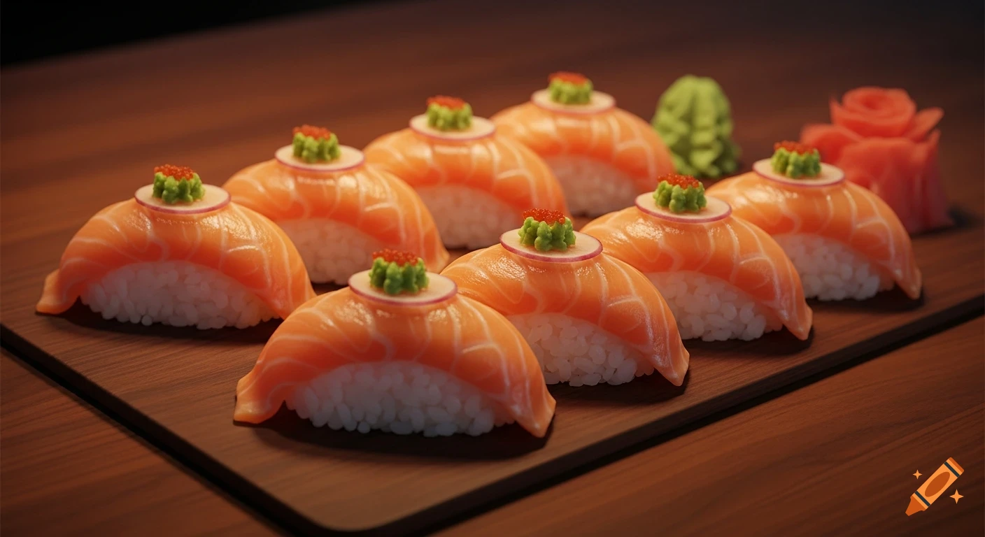 Photorealistic close-up of several salmon sushi pieces with garnishes on a wooden board, with wasabi and pickled ginger in the background.