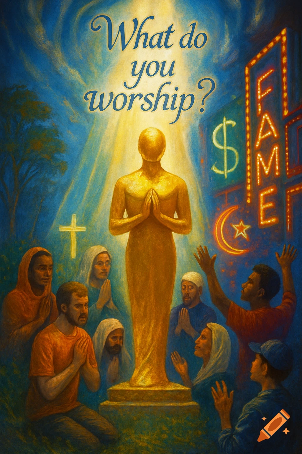 Painterly image of a golden, faceless statue being worshipped by diverse people, with religious symbols, a dollar sign, and a 'FAME' sign, under text 'What do you worship?'