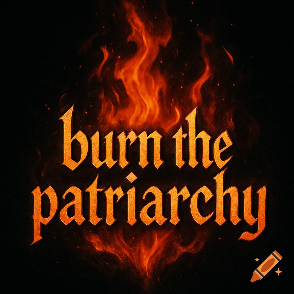 The text 'burn the patriarchy' in a fiery, gothic font, surrounded by red and orange flames on a black background.