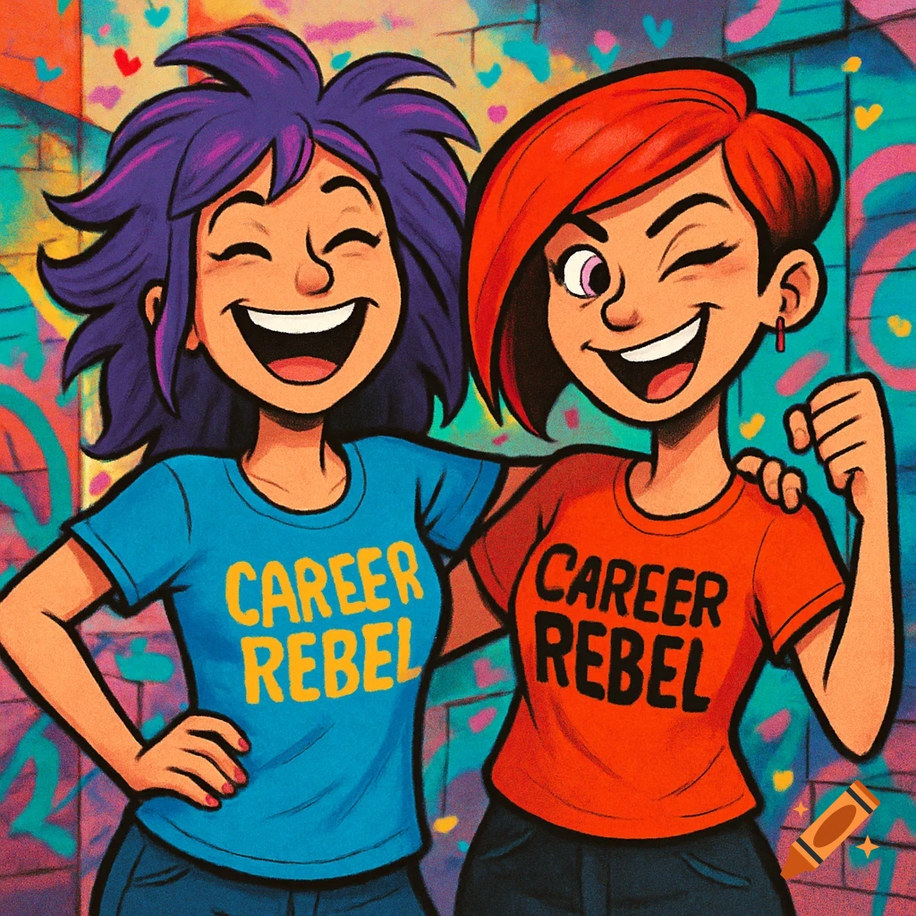 Two smiling female cartoon characters, one with purple hair and one with red hair, wear 'CAREER REBEL' t-shirts against a graffiti wall.