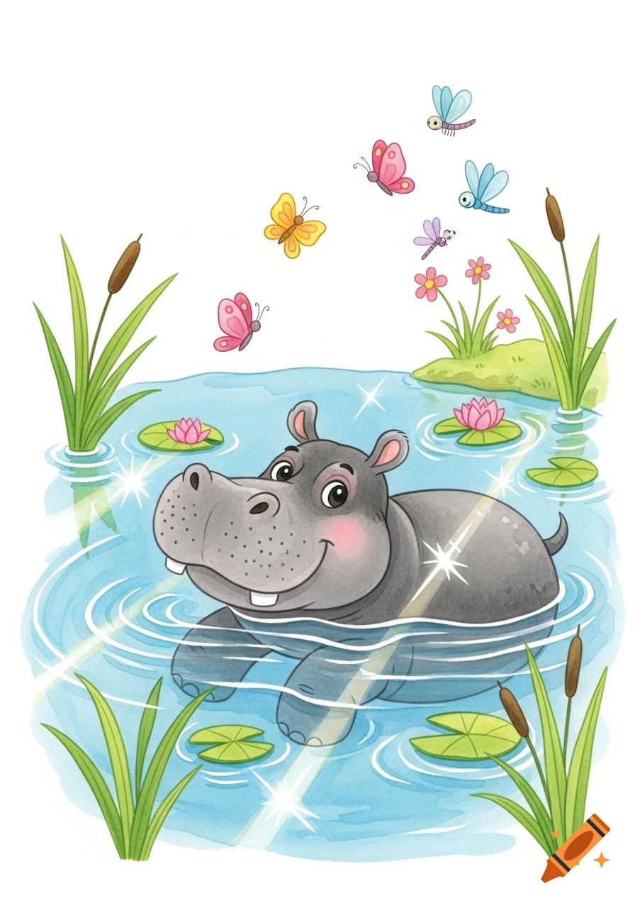 Cute cartoon hippopotamus swimming in a blue pond with lotus flowers, lily pads, cattails, and colorful butterflies, in a children's illustration style.