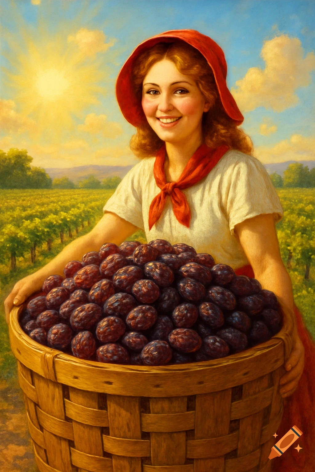A smiling woman in a red hat holds a large woven basket overflowing with dark fruit in a sunny vineyard painting.