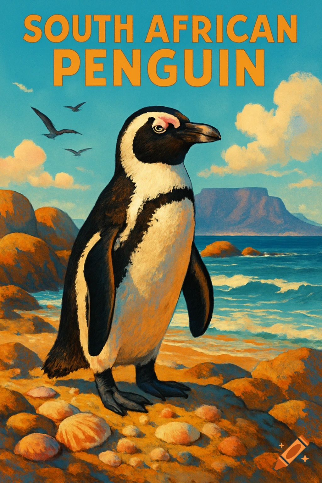 An illustrative poster of a South African penguin standing on a rocky beach with an ocean and mountain backdrop.
