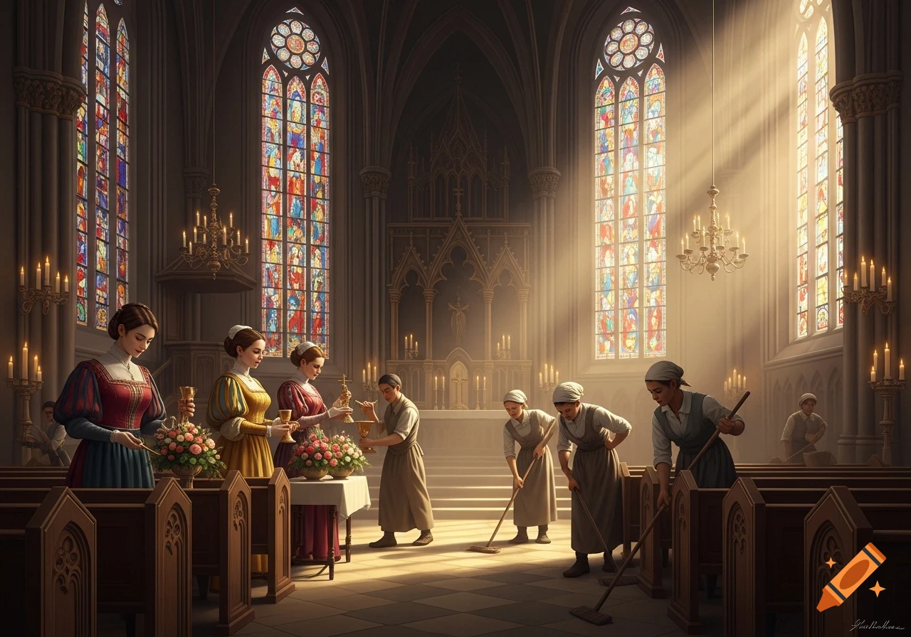 Photorealistic women cleaning and preparing items in a grand church interior with colorful stained glass and sunlight.