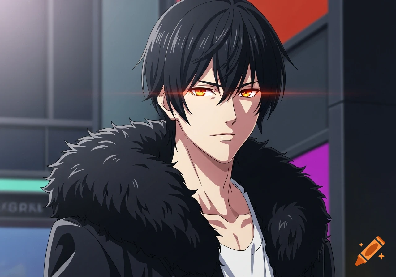 Anime-style male character with black shaggy hair and glowing orange eyes, wearing a black fur coat.