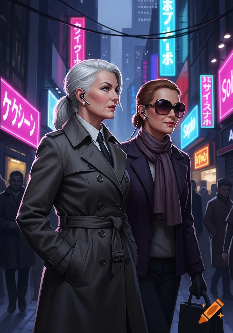 Two women, one with gray hair and a trench coat, and another in sunglasses, walk through a neon-lit city street at night.
