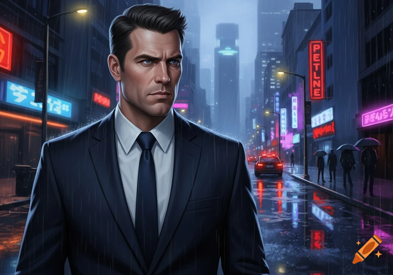 A stern man in a dark suit with piercing blue eyes stands in a rainy, neon-lit city street at night, looking to the side.