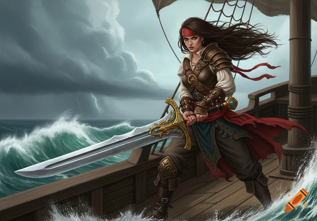 A determined female pirate with long dark hair and a red bandana stands on a ship's deck, holding a large ornate sword in a stormy sea with lightning.