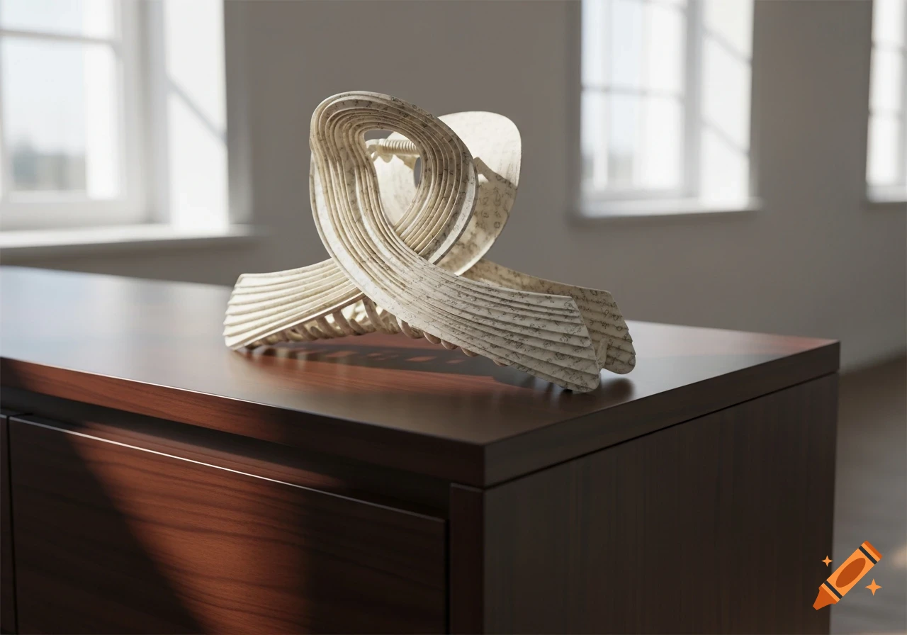 A stylized, layered hair clip with a paper-like texture rests on a dark wooden desk in a brightly lit room.