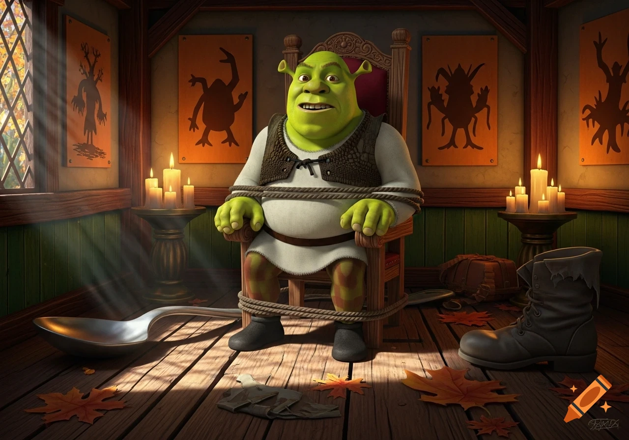 Shrek, a green ogre, is tied to a wooden chair in a rustic room with candlelight and autumn leaves, looking surprised.