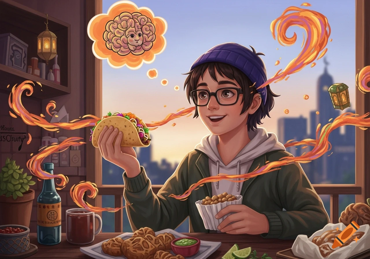 A smiling anime-style person with glasses and a beanie holds a taco and a bowl of chickpeas, with a brainrot thought bubble and stylized flames emanating from the taco.