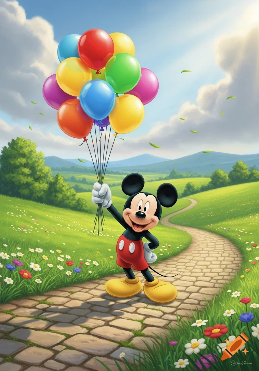 Mickey Mouse stands on a stone path in a green meadow, happily holding colorful balloons under a blue sky.