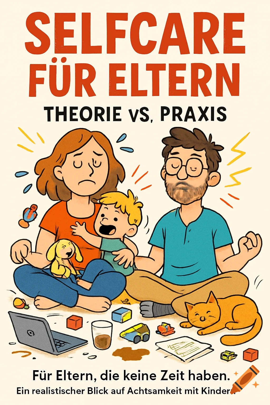 Cartoon book cover for 'Selfcare für Eltern' showing stressed parents meditating amidst a chaotic scene with a child, toys, and a cat.