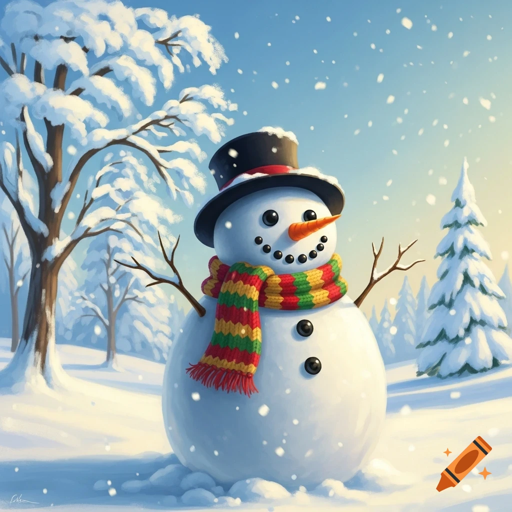 A friendly snowman wearing a top hat and colorful striped scarf stands in a snowy winter landscape with trees and falling snow, in an illustration style.