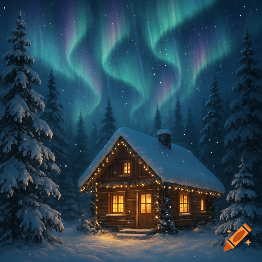 A cozy log cabin decorated with string lights sits deep in a snowy winter forest under a vibrant green and purple aurora borealis sky.