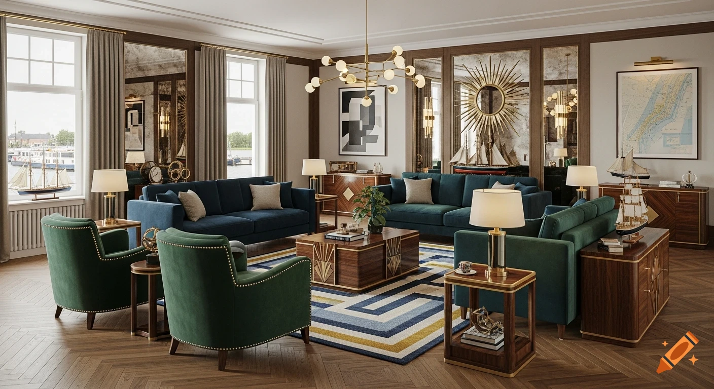 Luxurious Art Deco living room with navy and emerald velvet seating, geometric rug, polished wood, mirrored walls, ship models, and a river view.