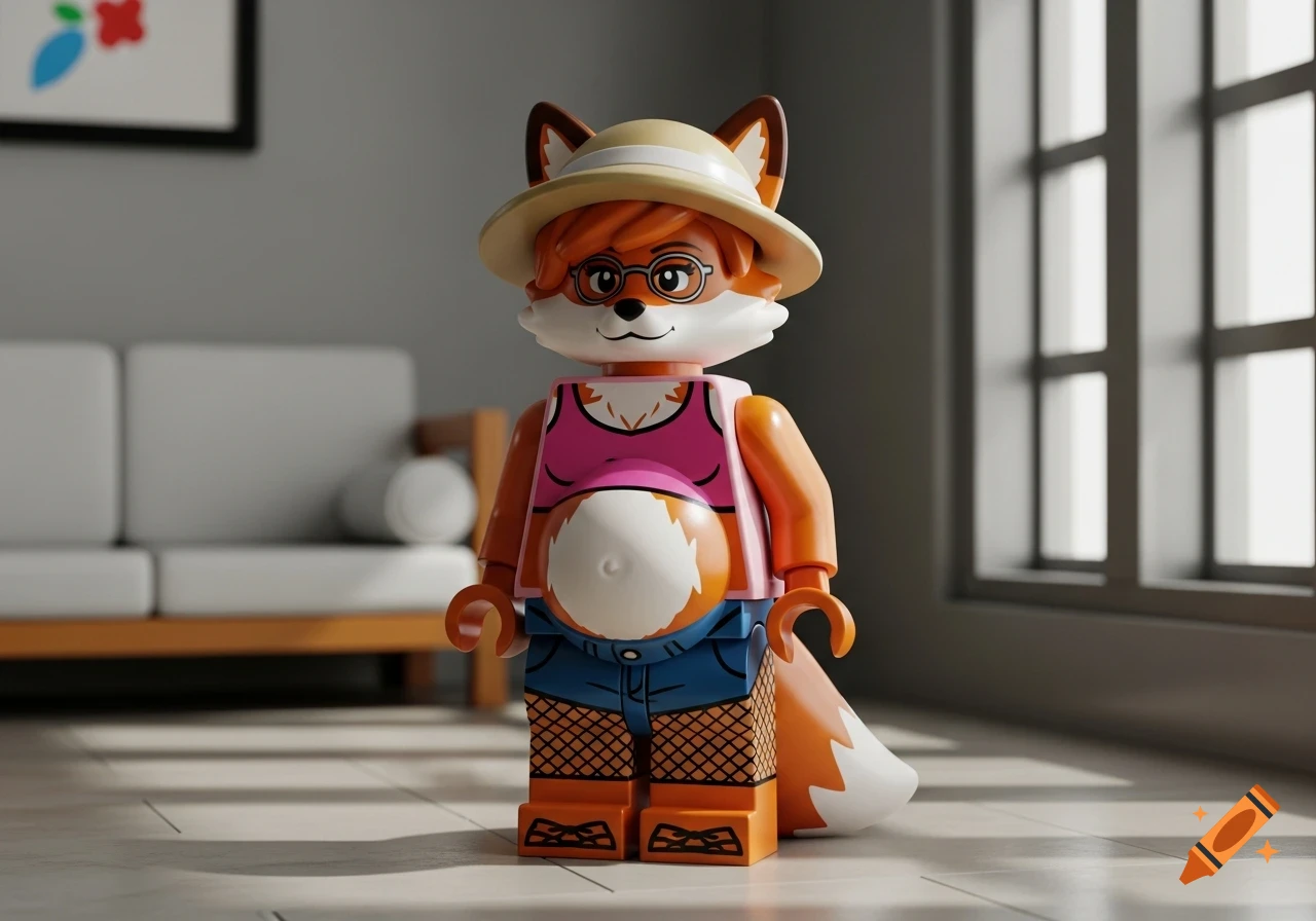 A pregnant female furry fox Lego minifigure wearing a crop top, glasses, sun hat, shorts, and fishnet leggings stands in an apartment.