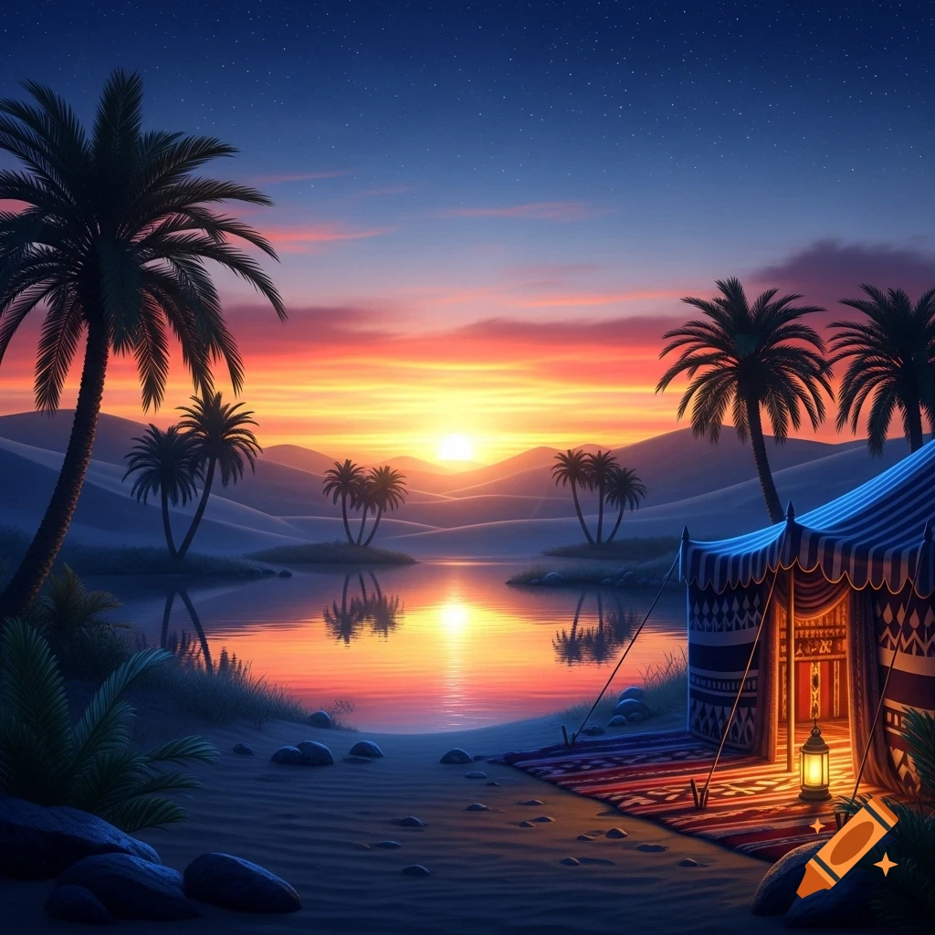 A vibrant sunset over a desert oasis with palm trees, a calm lake reflecting the sky, and a glowing striped tent on the sandy shore.