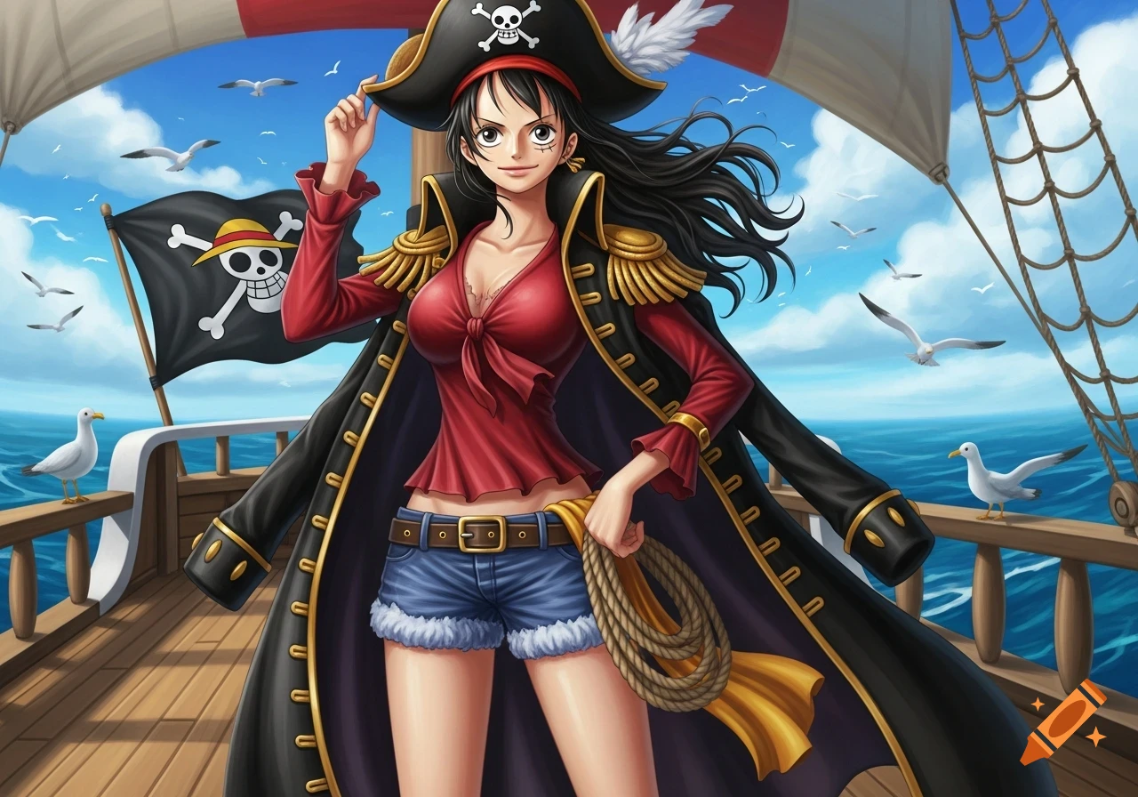 An anime-style female pirate in a red top, blue shorts, and a black coat stands on a ship deck, holding her hat. A skull and crossbones flag flies in the background, with seagulls and the ocean.