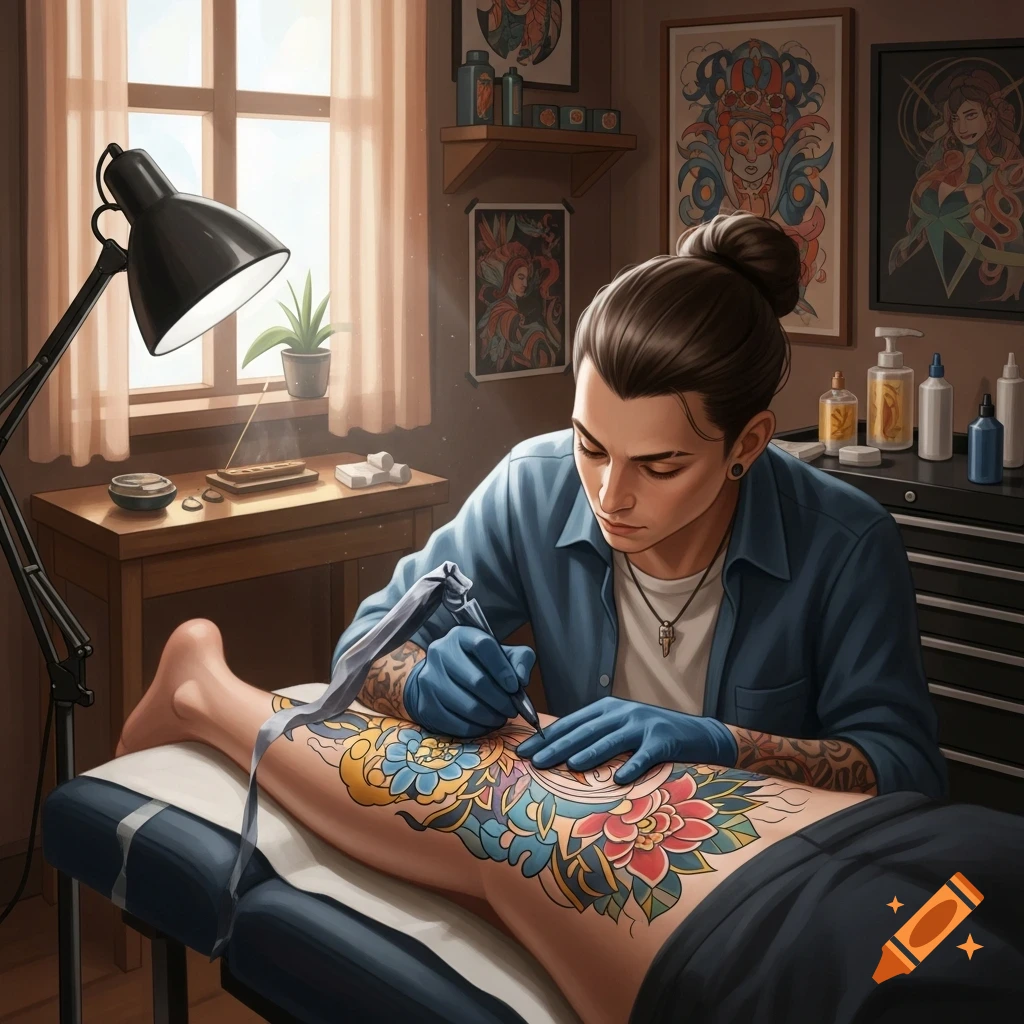 A tattoo artist with a bun and blue gloves tattoos a colorful floral design on a person's leg in a studio.