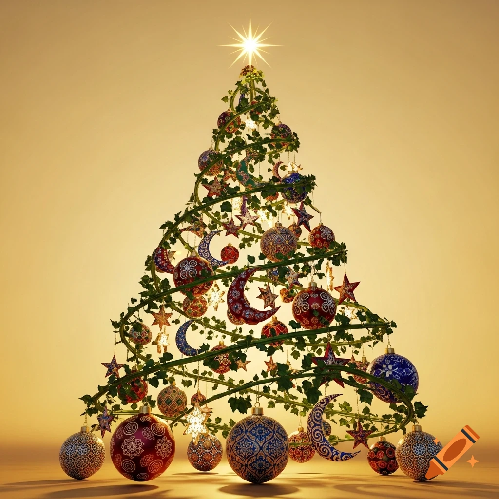 A shimmering, stylized Christmas tree made of green vines, adorned with ornate red, blue, and gold baubles, crescent moons, and stars in Arabic style, topped with a bright star.