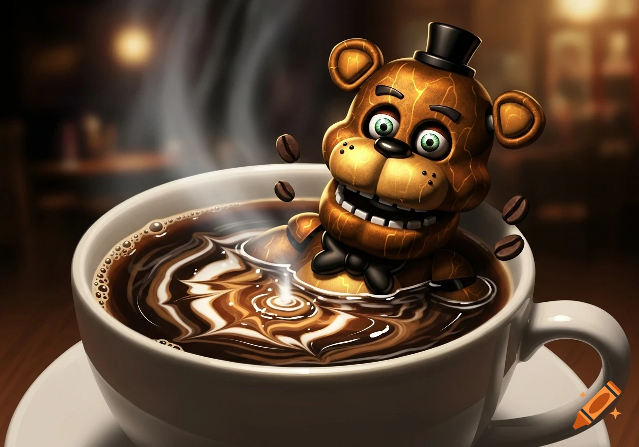 Freddy Fazbear, a brown animatronic bear in a top hat and bowtie, submerged in a cup of coffee with latte art and floating coffee beans.