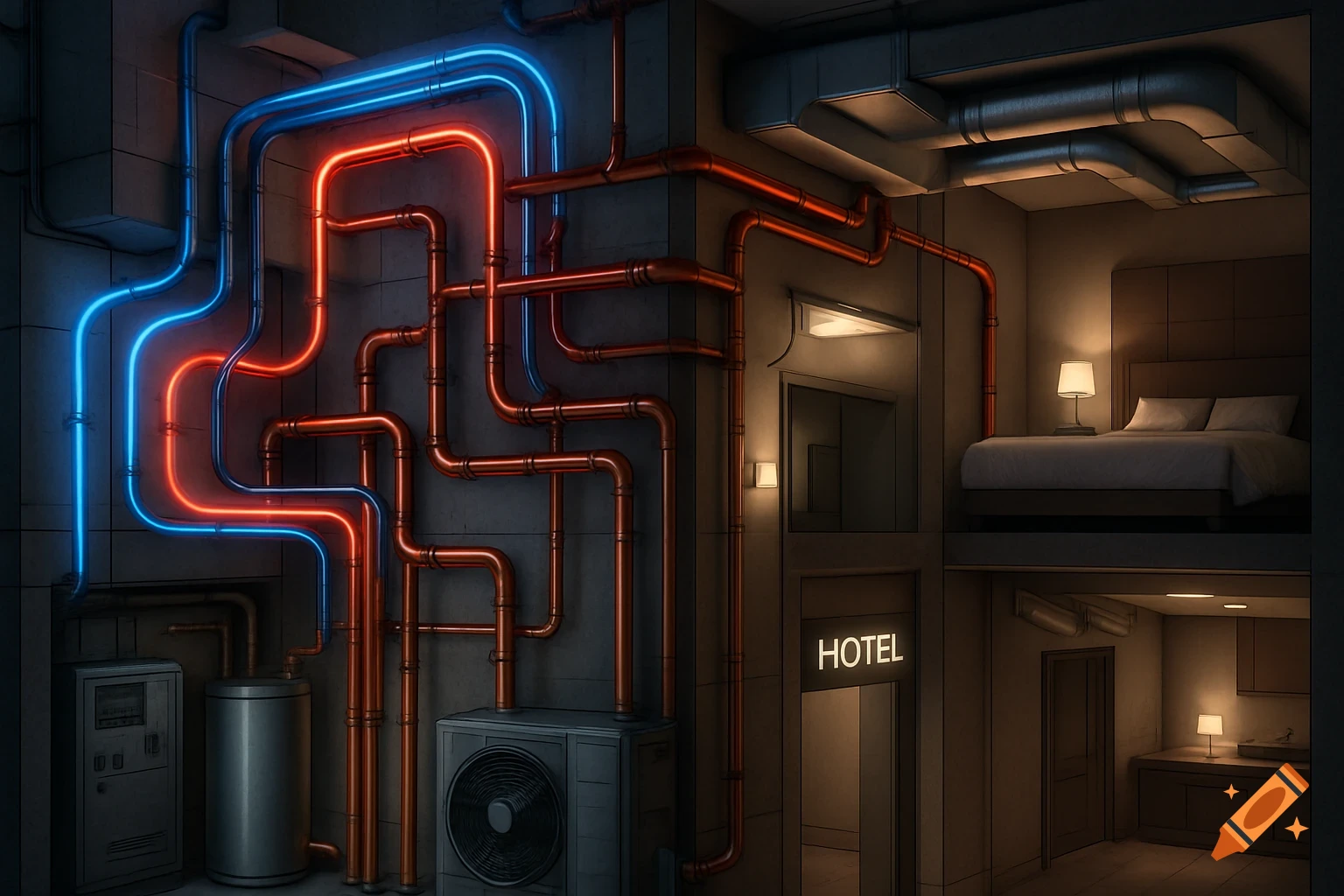 A cutaway view of a building showcasing glowing red and blue pipes, electrical systems, and hotel rooms with furniture.