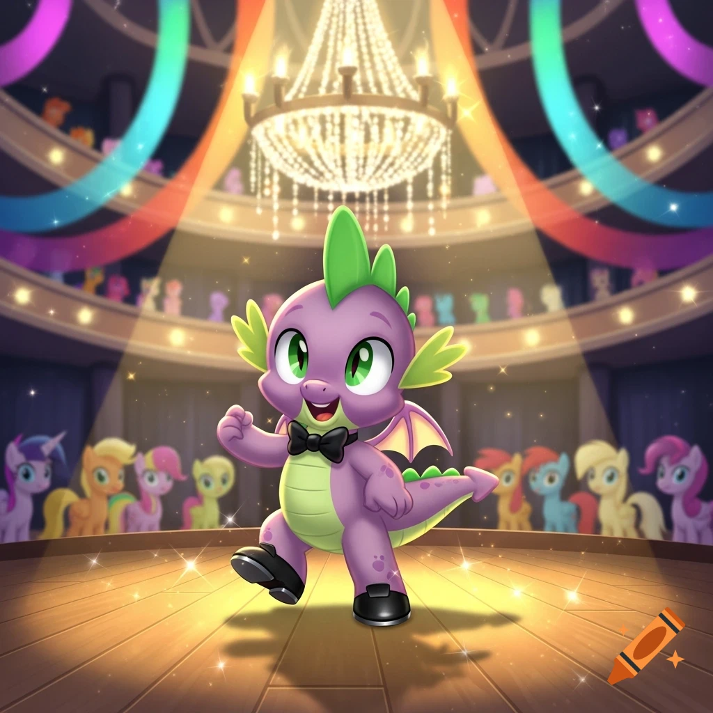 Spike from My Little Pony tap dancing on a wooden stage, wearing a black bow tie and tap shoes, under a spotlight with a chandelier above. An audience of ponies watches from the balconies.