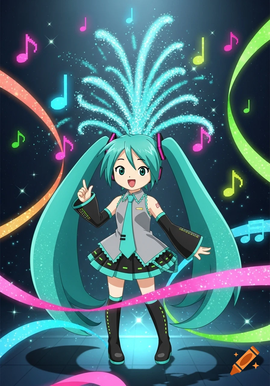Hatsune Miku with long teal pigtails, wearing her signature outfit, poses amidst sparkling blue light, colorful ribbons, and musical notes.
