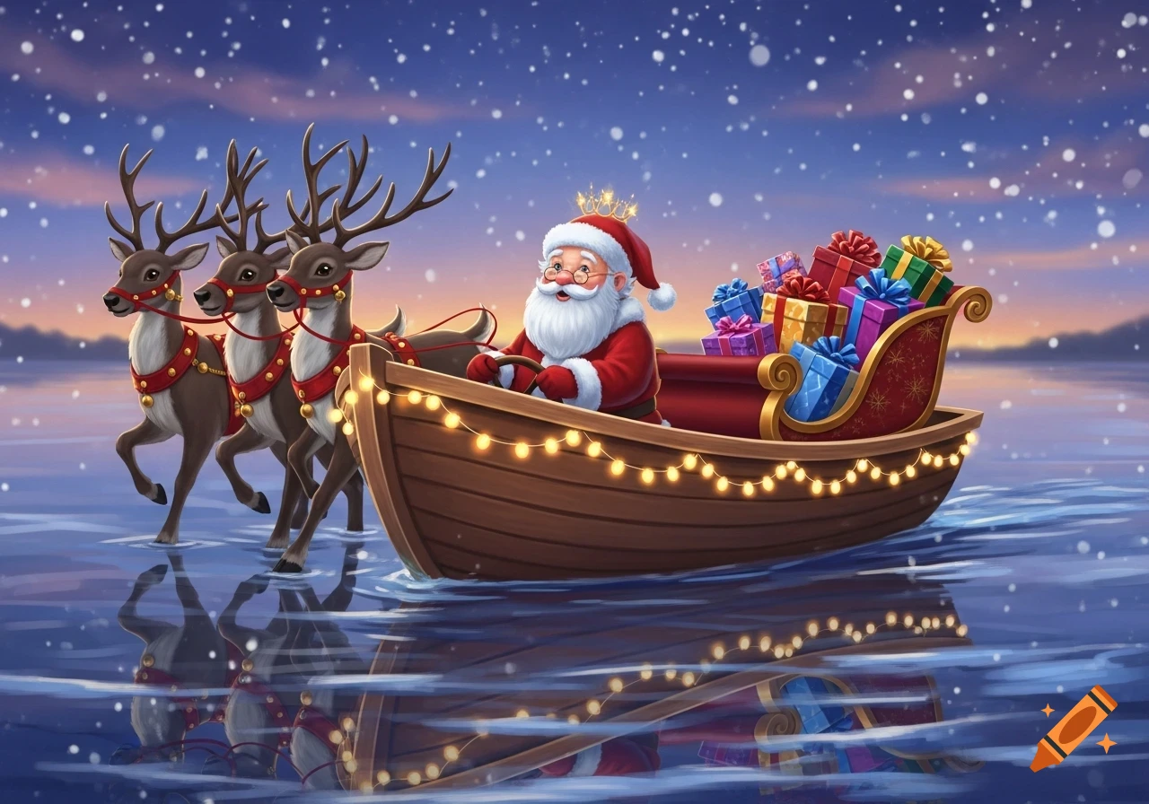 Cartoon Santa Claus driving a boat pulled by three reindeer across a snowy, icy lake filled with gifts under a night sky.