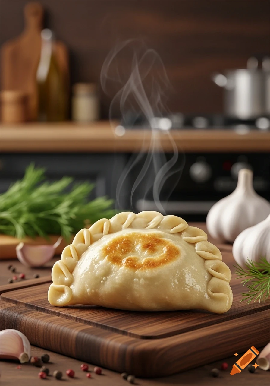 A steaming hot pierogi sits on a wooden cutting board, surrounded by garlic, dill, and spices in a photorealistic kitchen scene.