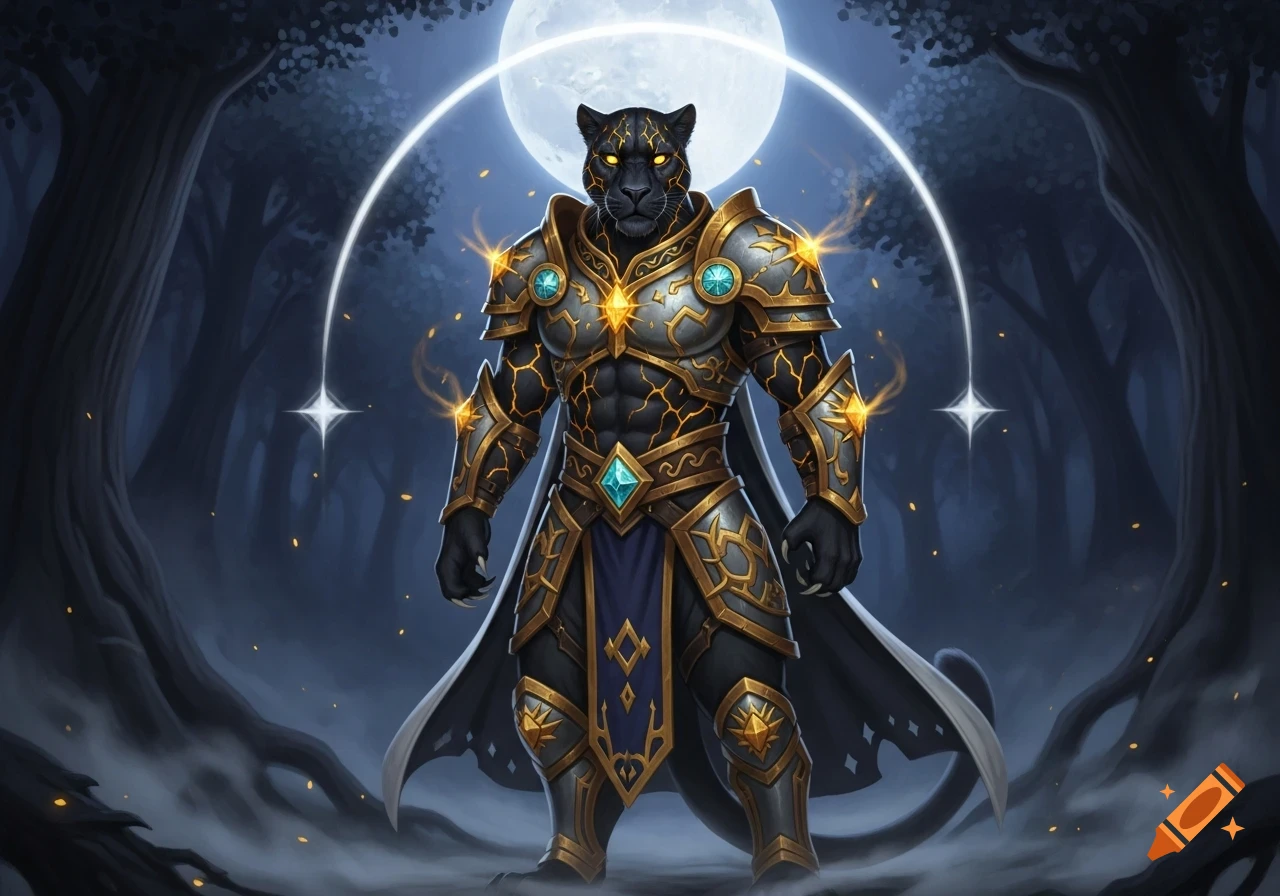 A majestic black panther paladin in ornate gold and silver armor stands under a full moon in a mystical forest.
