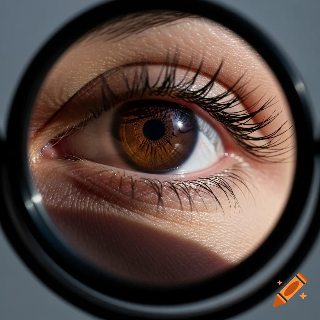 A realistic close-up of a brown eye with long eyelashes, framed by a dark circle.