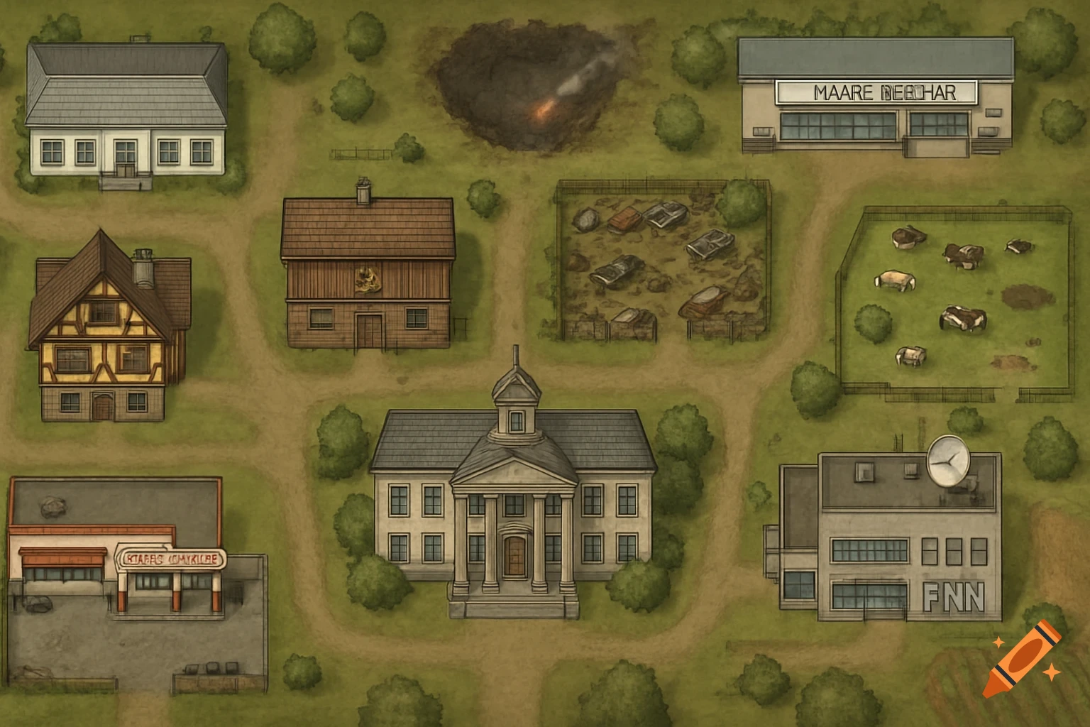 Overhead TTRPG battle map of a rural town featuring various buildings, a meteor impact crater, a junkyard, and a farm with cows. The style is hand-drawn and detailed.