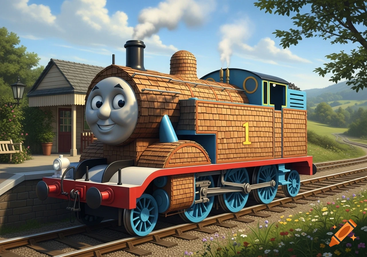 Thomas the Tank Engine covered in wood shingles at a sunny countryside train station.