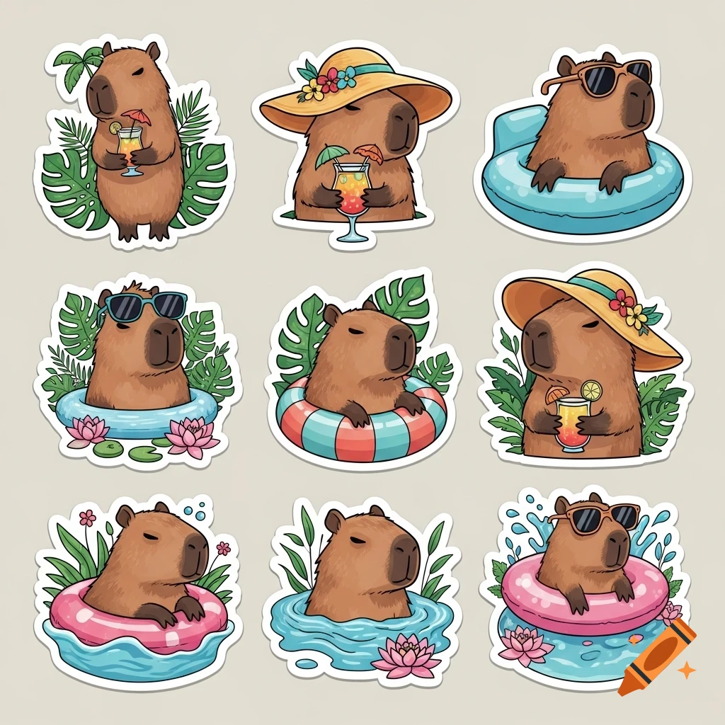 Nine cartoon capybara stickers depict the animals swimming, wearing hats and sunglasses, holding tropical drinks, and surrounded by leaves.