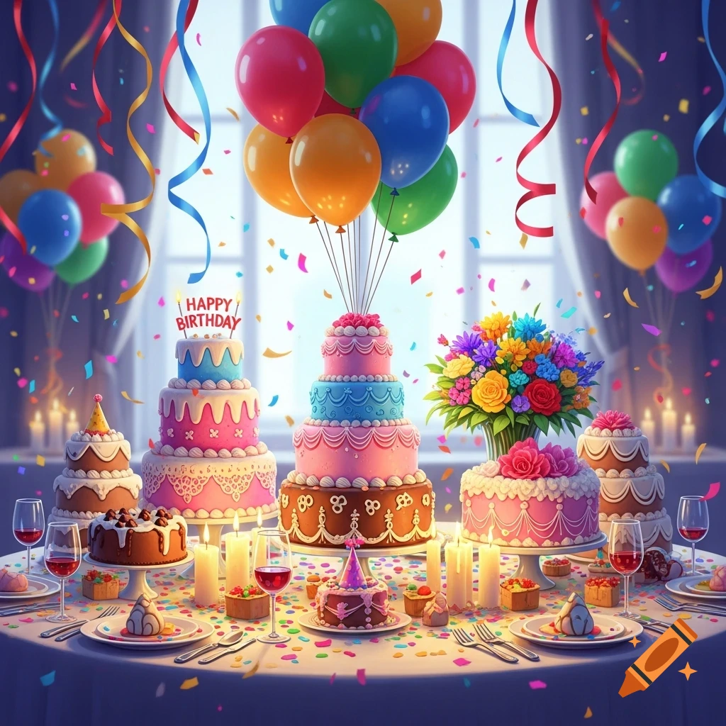 A vibrant birthday party scene with multiple decorated cakes, colorful balloons, confetti, candles, and a table set with drinks.