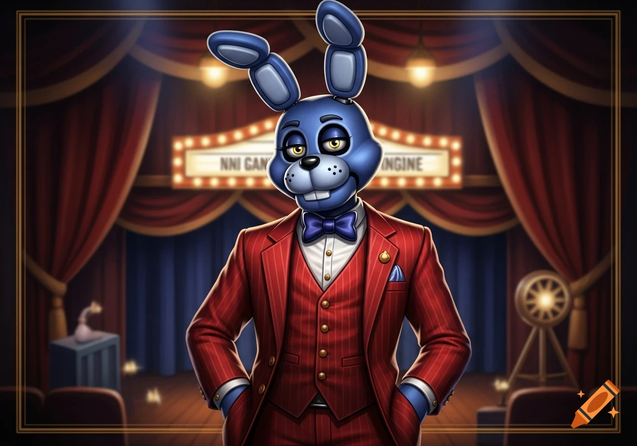 Bonnie the blue bunny from FNAF, dressed in a red pinstripe suit and vest, stands on a dimly lit theater stage with red curtains.