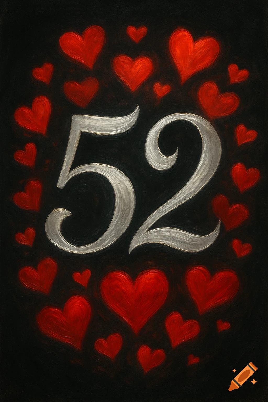 Textured painting of the number 52 in silver, surrounded by numerous red hearts on a black background.