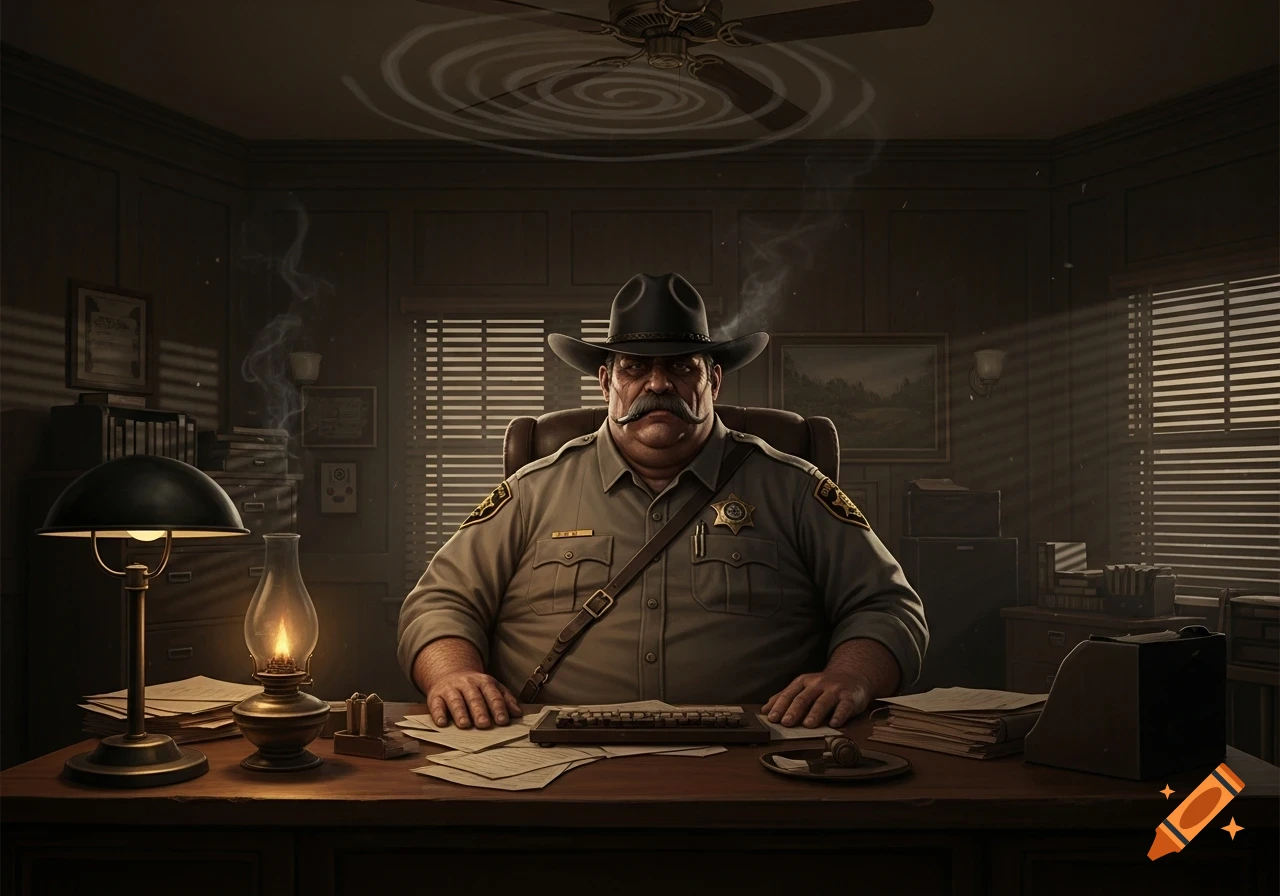 A gruff, obese sheriff with a mustache and cowboy hat sits at a dimly lit desk in a moody office.