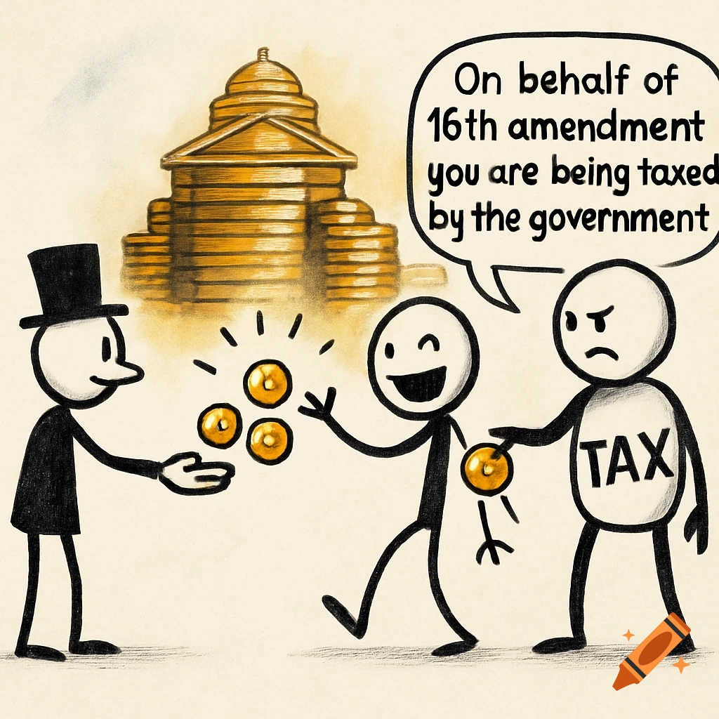 A cartoon depicts stick figures. One man in a top hat gives coins to a smiling man. A third man labeled "TAX" takes a coin from the smiling man, with a speech bubble saying "On behalf of 16th amendment you are being taxed by the government". Behind them is a building made of golden coins.