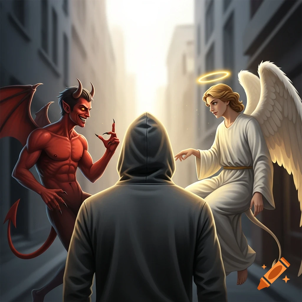 A hooded figure viewed from behind, with a red devil on their left and a white angel on their right, in a street.