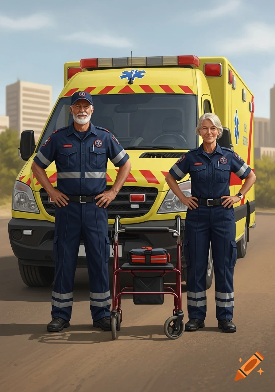 Two senior paramedics in dark blue uniforms stand confidently in front of a yellow ambulance, with a red walker placed between them.
